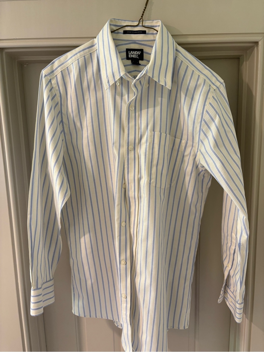 Lands' End White Shirt with Light Blue and yellow Stripes - Men's Dress Shirt